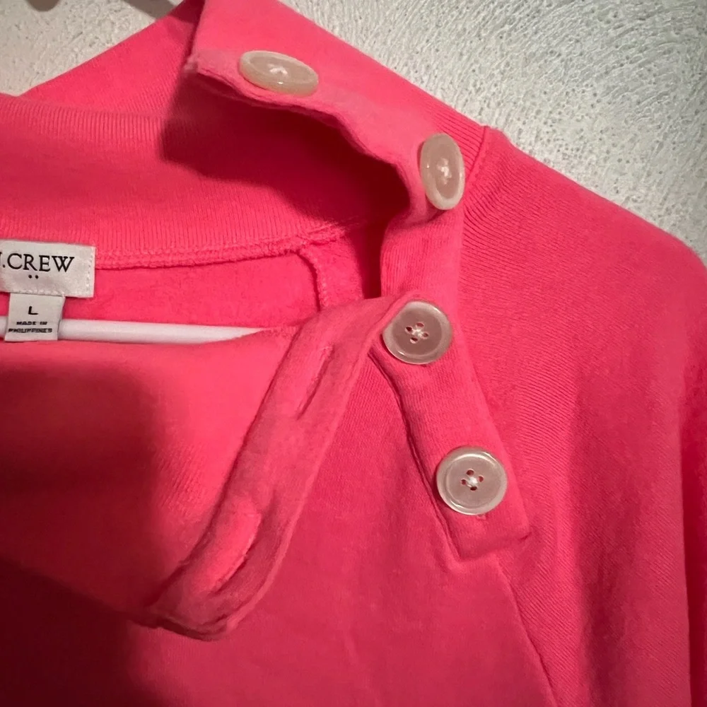 J. CREW Classic Wide Button Mock Neck Fleece Sweatshirt Neon Pink Women's Size L